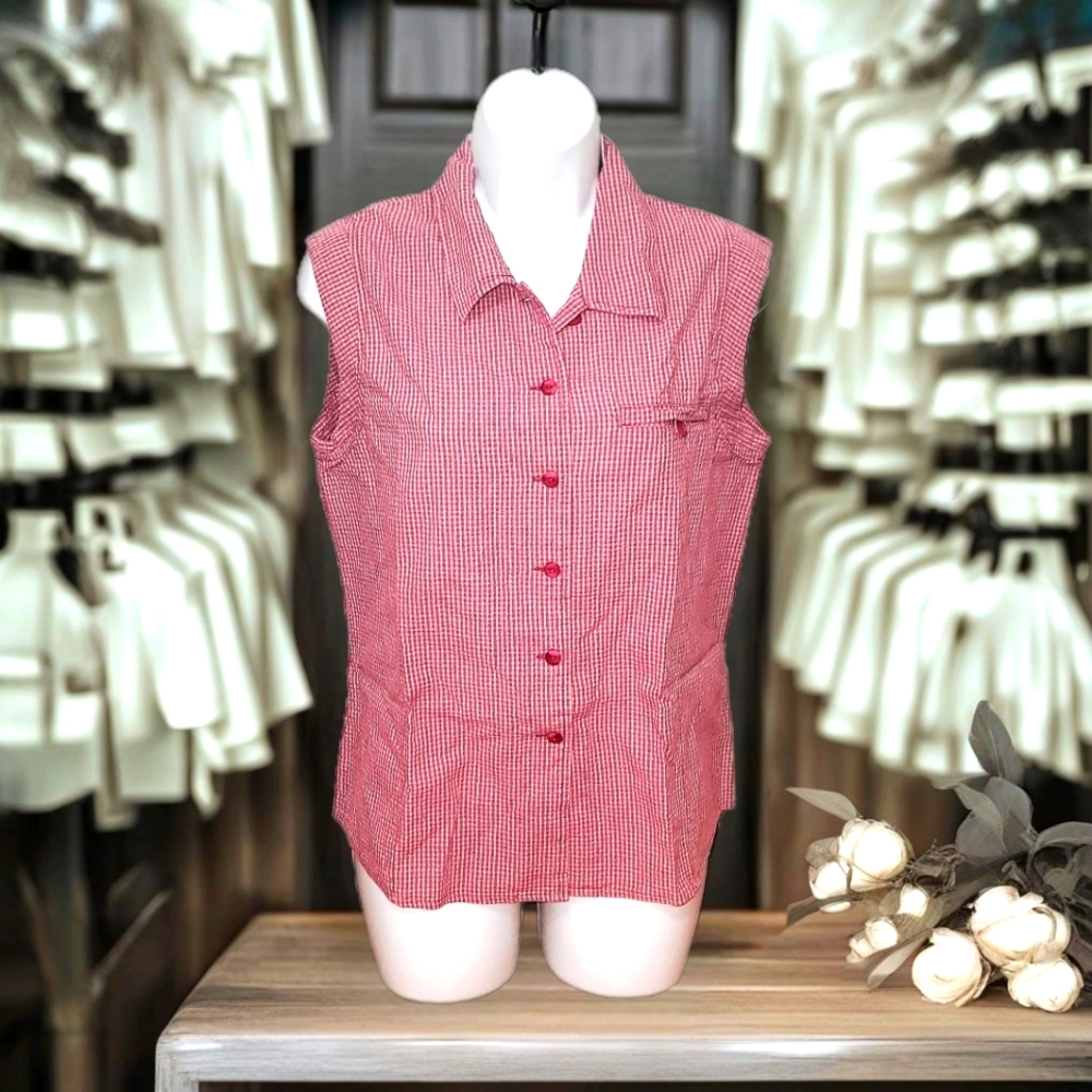 Woolrich Ladies Tank Top Size Med Pink and White Gingham Searsucker Style - Picture 2 of 8